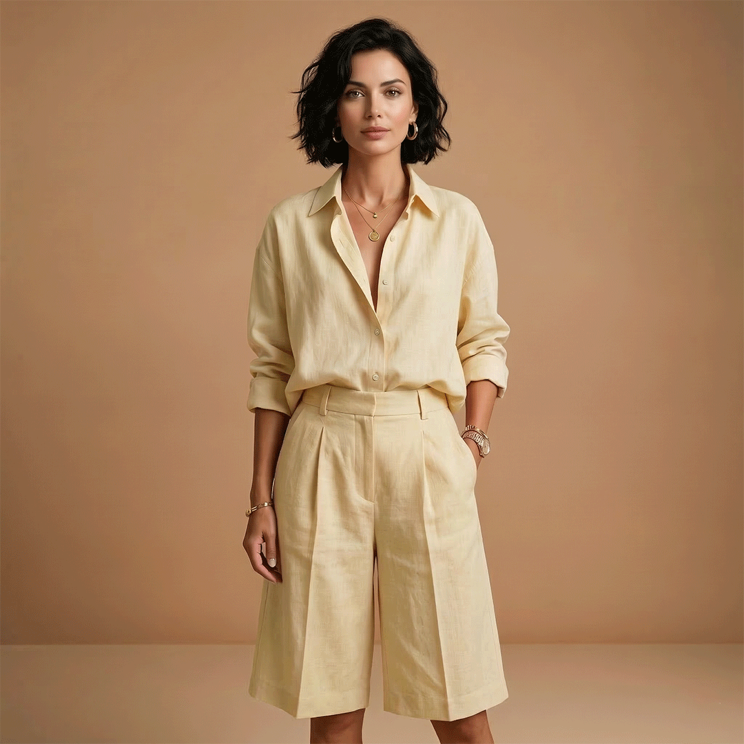 Conjunto de camisa y pantalón corto para mujer - dos piezas con pliegues | diario