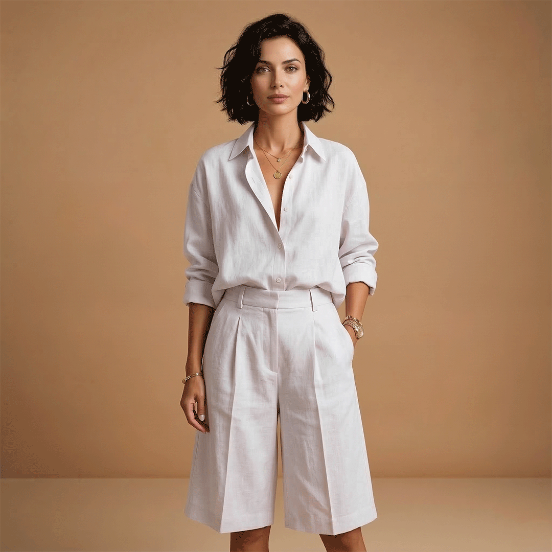 Conjunto de camisa y pantalón corto para mujer - dos piezas con pliegues | diario