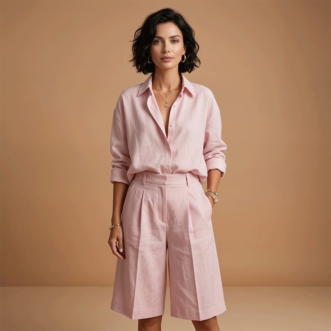 Conjunto de camisa y pantalón corto para mujer - dos piezas con pliegues | diario