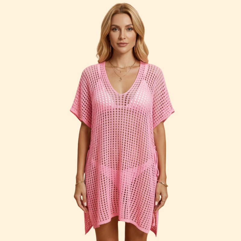 Vestido de Playa para Mujer Women's Beach Cover Up de Punto Calado con Manga Corta