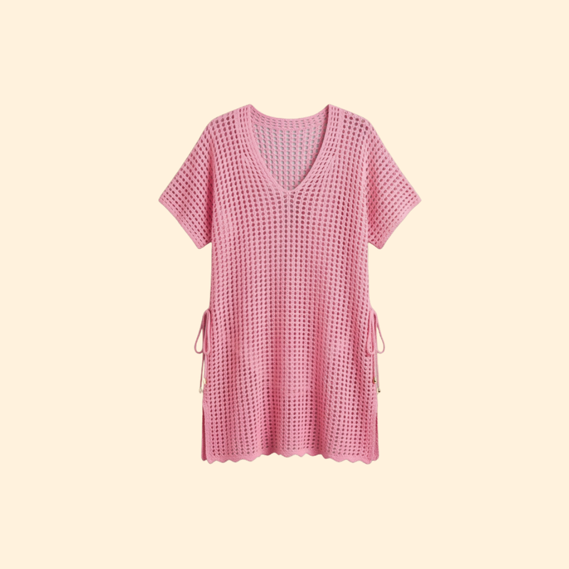 Vestido de Playa para Mujer Women's Beach Cover Up de Punto Calado con Manga Corta