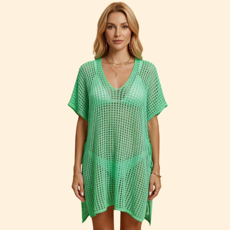 Robe de Plage pour Femme, Tunique de Plage en Maille ajourée à Manches Courtes