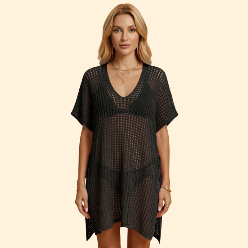 Robe de Plage pour Femme, Tunique de Plage en Maille ajourée à Manches Courtes