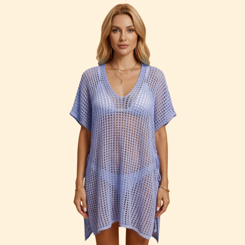 Vestido de Playa para Mujer Women's Beach Cover Up de Punto Calado con Manga Corta