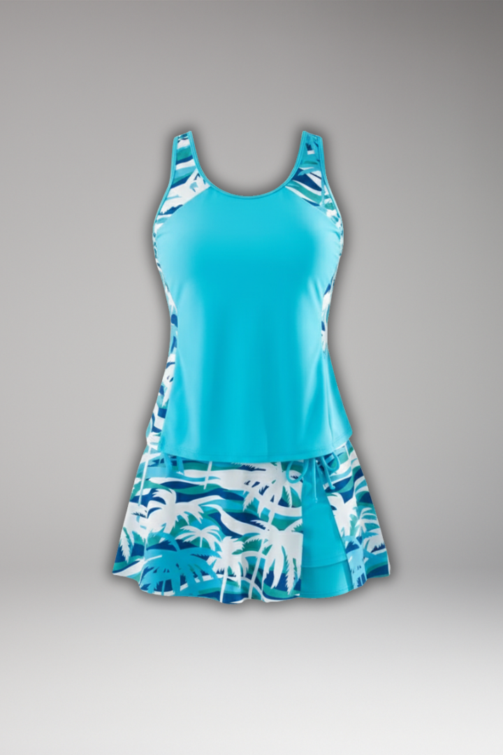 Bañador Tankini de Espalda Deportiva con Falda de Natación y Estampado de Palmeras