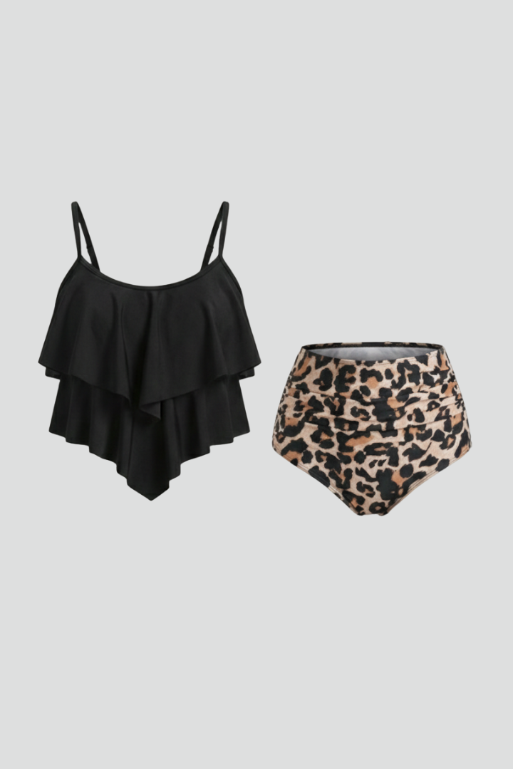 Bañador Tankini de Dos Piezas con Volantes y Braguita de Talle Alto