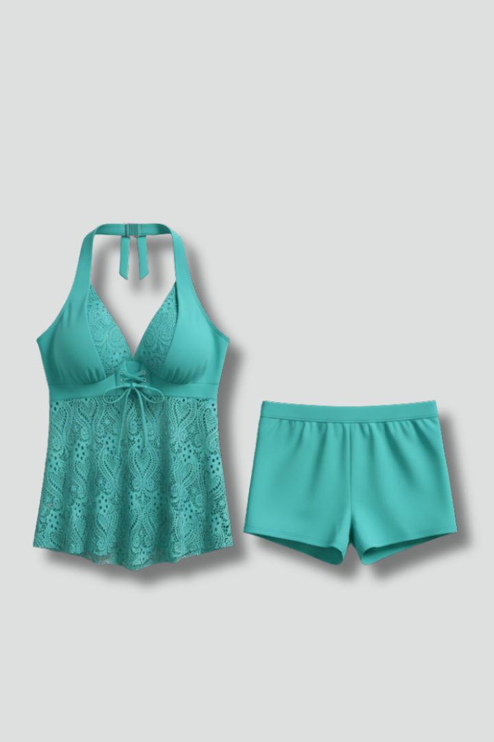 Bañador Tankini de Dos Piezas con Superposición de Encaje y Pantalones de Natación