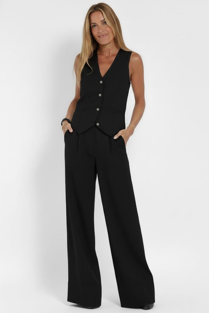 Traje de dos piezas para mujer - chaleco con botones y pantalón ancho | oficina