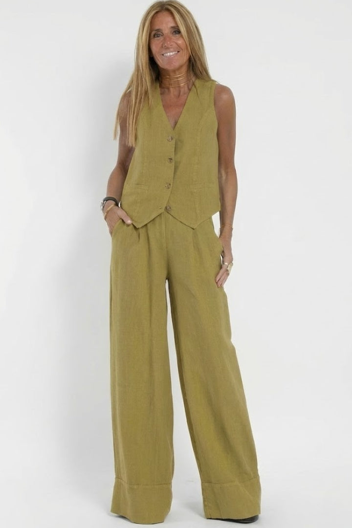 Traje de dos piezas para mujer - chaleco con botones y pantalón ancho | oficina