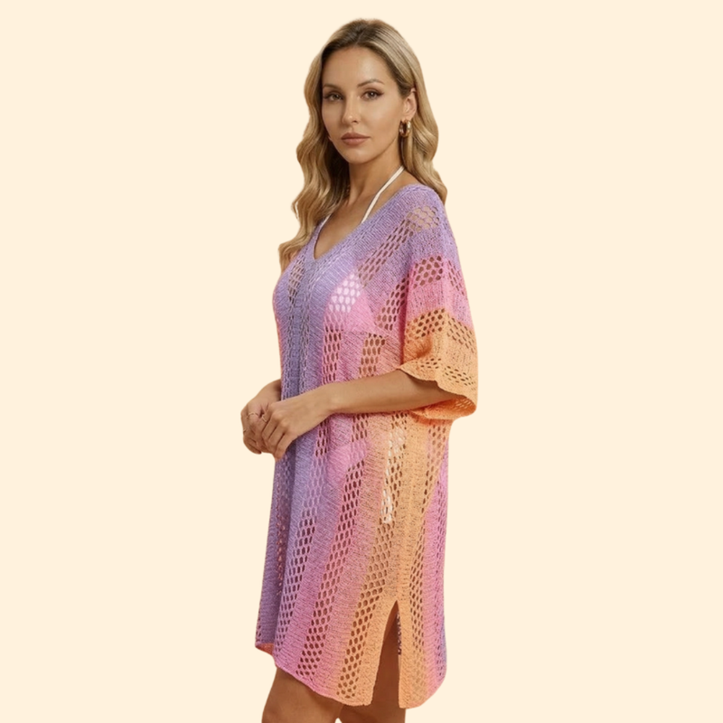 Vestido de praia com decote em V e estampado às riscas para mulher