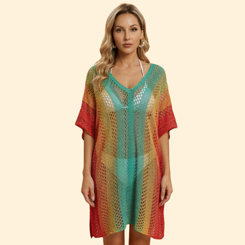 Vestido de Playa con Escote en V y Estampado de Rayas para Mujer