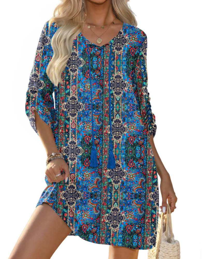 Vestido bohemio mujer | corte tipo túnica | cuello en v | para vacaciones