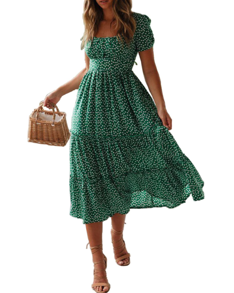 Vestido midi mujer | estampado floral — cuello cuadrado — playa y vacaciones