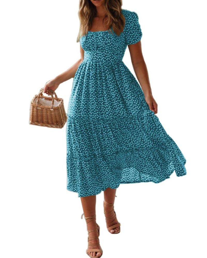 Vestido midi mujer | estampado floral — cuello cuadrado — playa y vacaciones