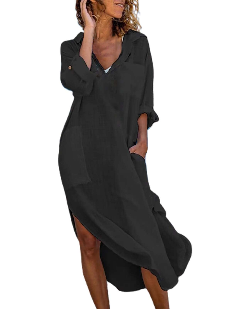 Vestido camisero largo algodón y lino | abotonado | corte holgado | oficina