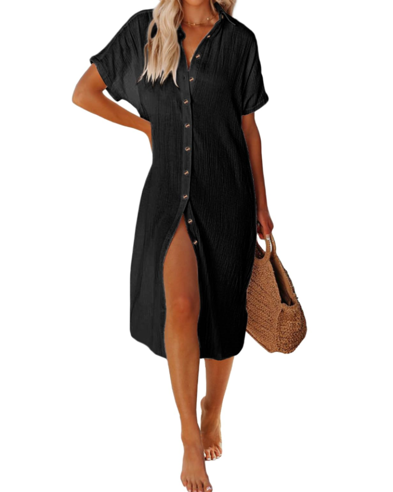 Vestido playero largo de algodón | corte fluido | abotonado | verano