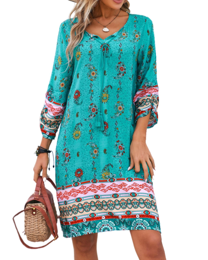 Vestido bohemio mujer | corte tipo túnica | cuello en v | para vacaciones