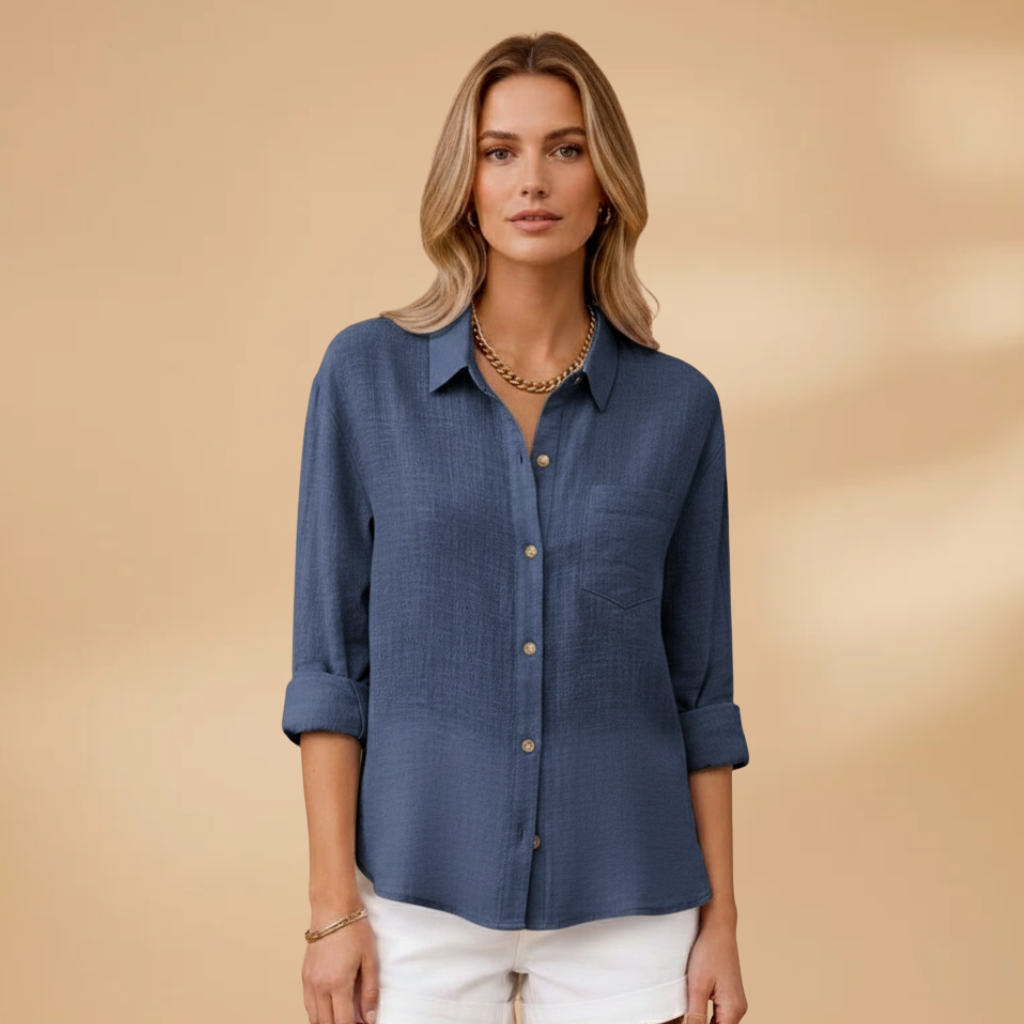 Blusa de manga corta para mujer - camisa entallada con tapeta de botones | diario
