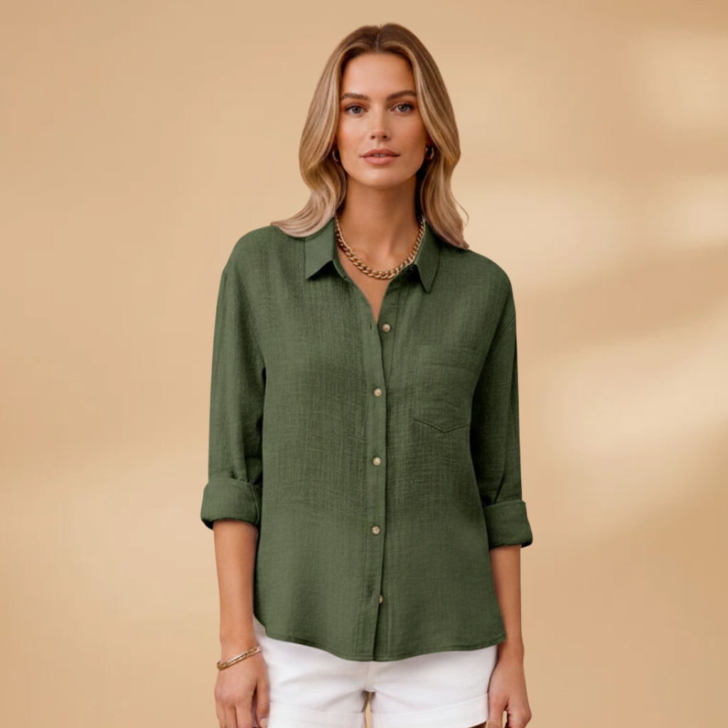 Blusa de manga corta para mujer - camisa entallada con tapeta de botones | diario