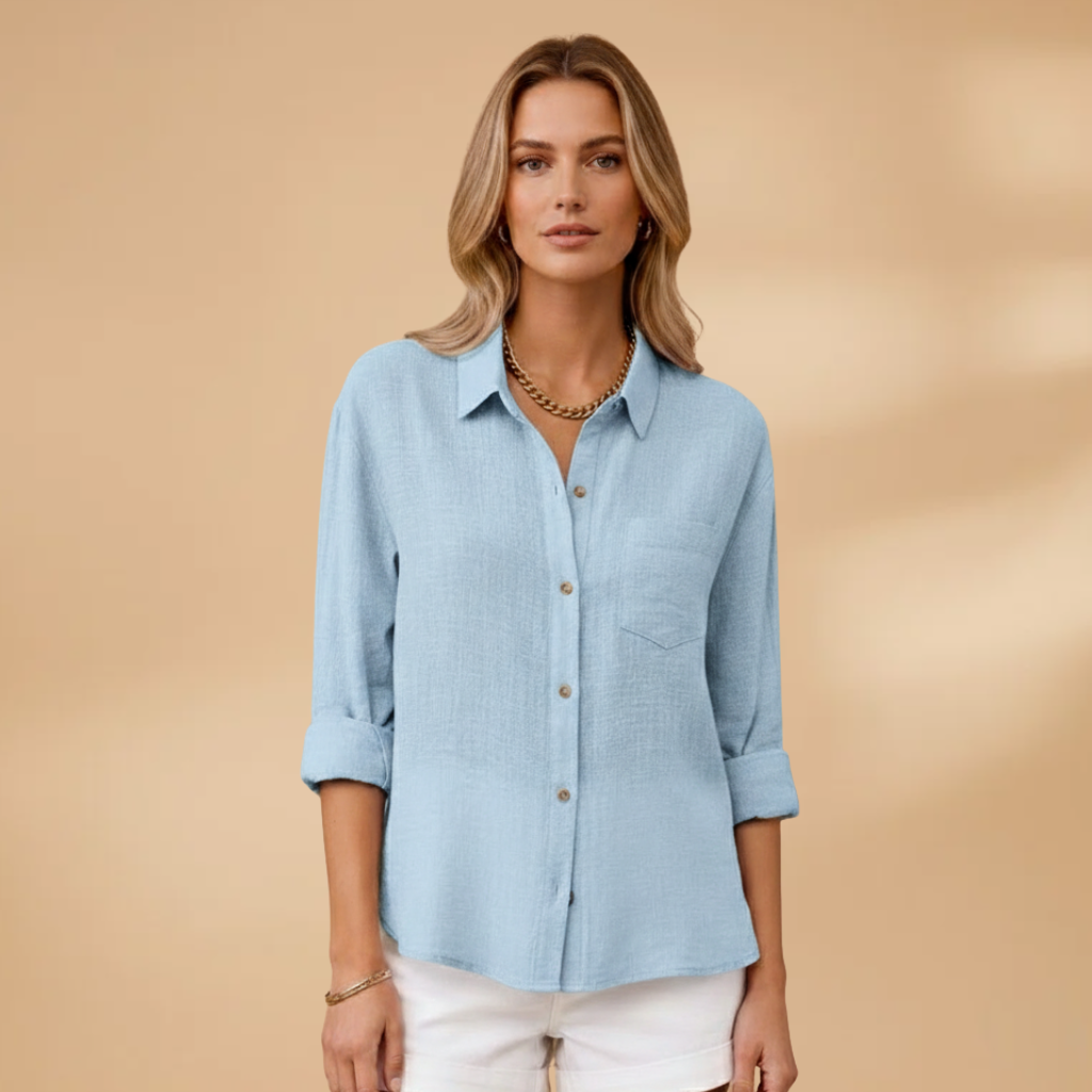 Blusa de manga corta para mujer - camisa entallada con tapeta de botones | diario