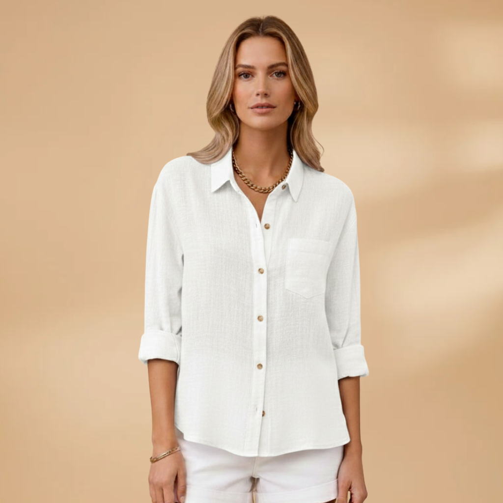 Blusa de manga corta para mujer - camisa entallada con tapeta de botones | diario