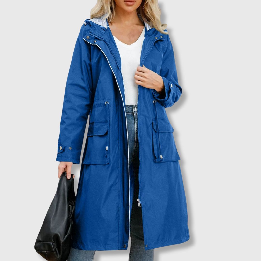 Women's Long Waterproof Jacket with Hood and Adjustable Waist