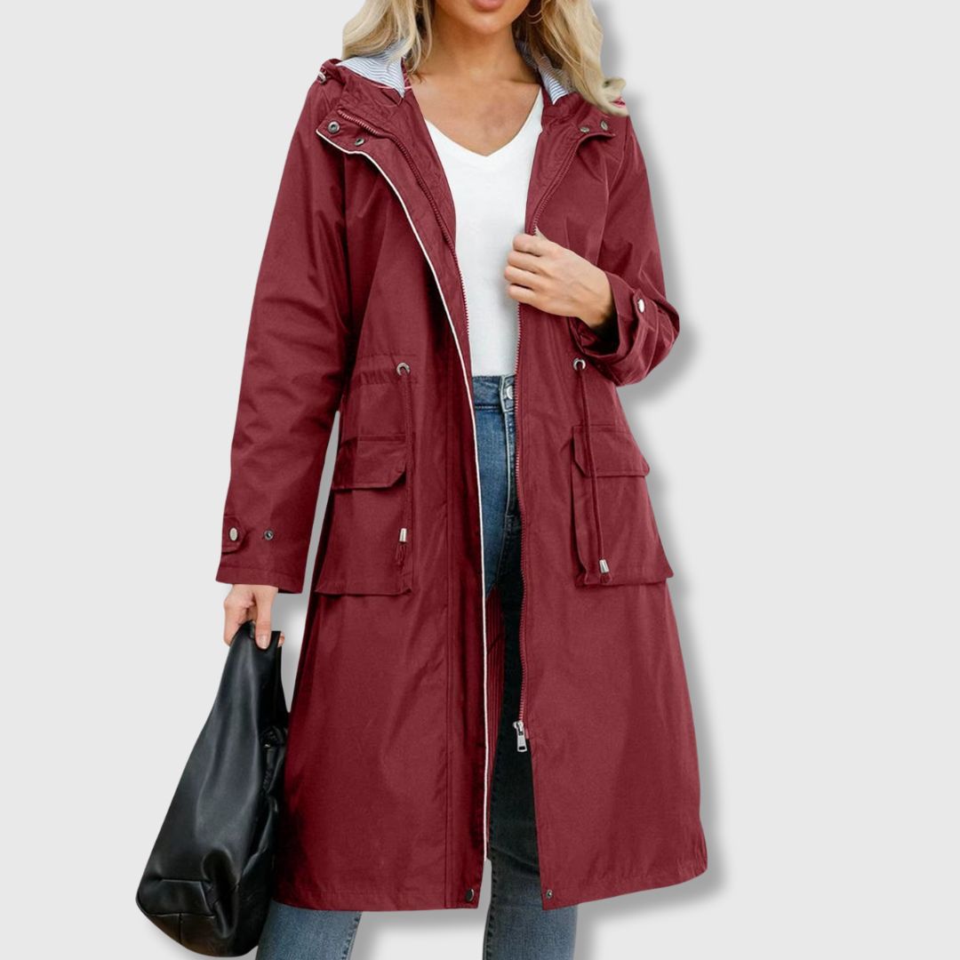 Women's Long Waterproof Jacket with Hood and Adjustable Waist