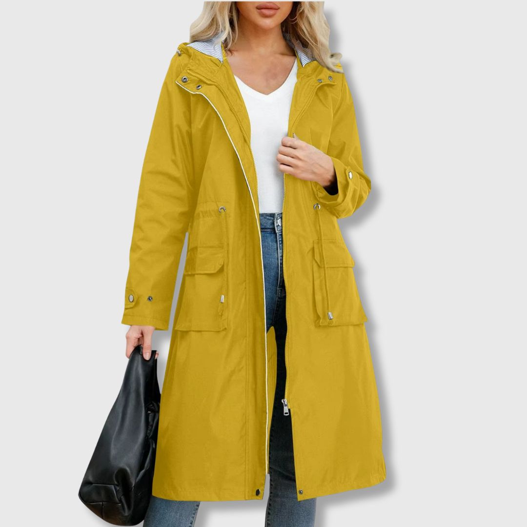 Women's Long Waterproof Jacket with Hood and Adjustable Waist