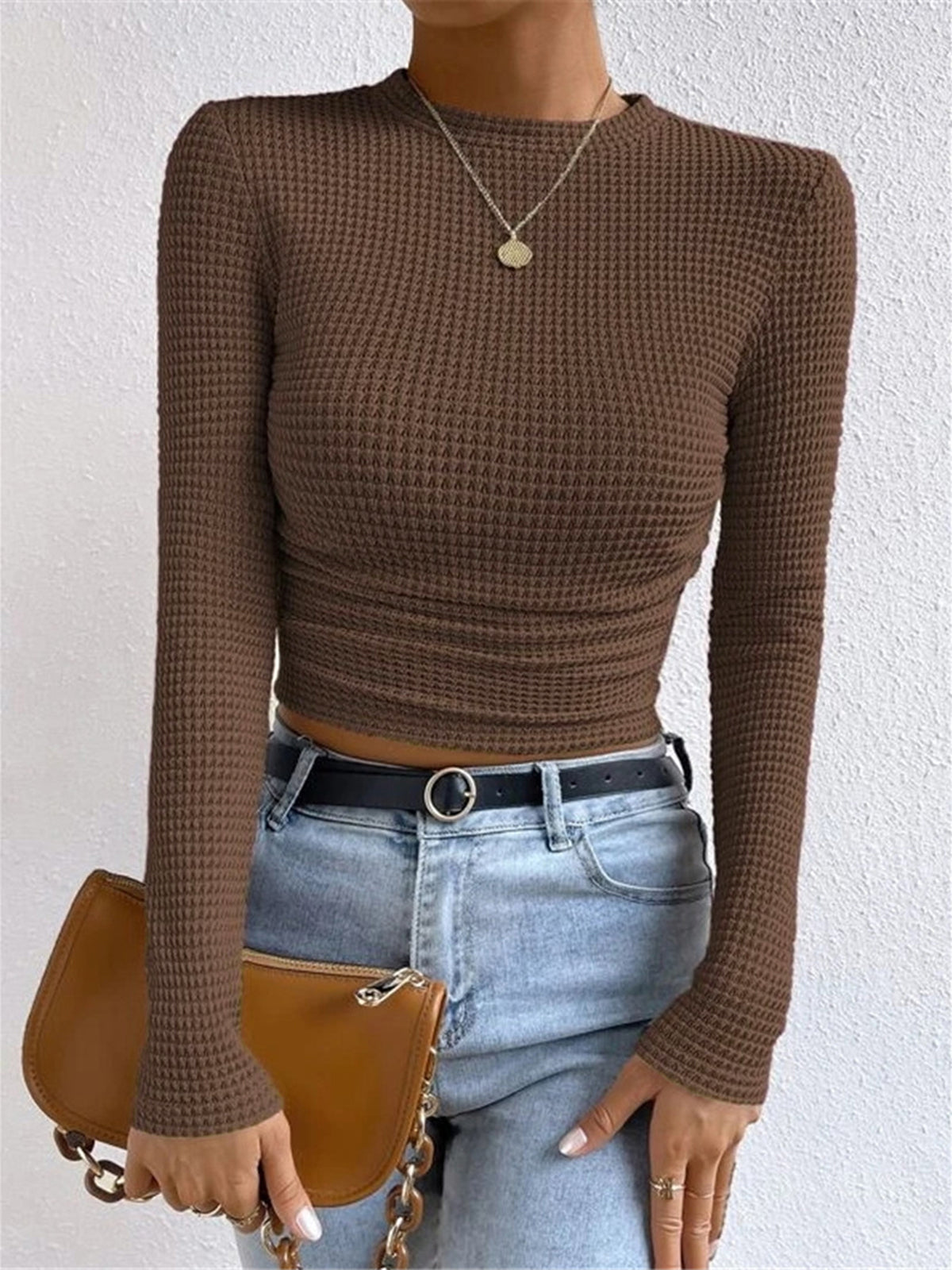 Camiseta de Manga Larga para Mujer con Textura Waffle y Cuello Redondo