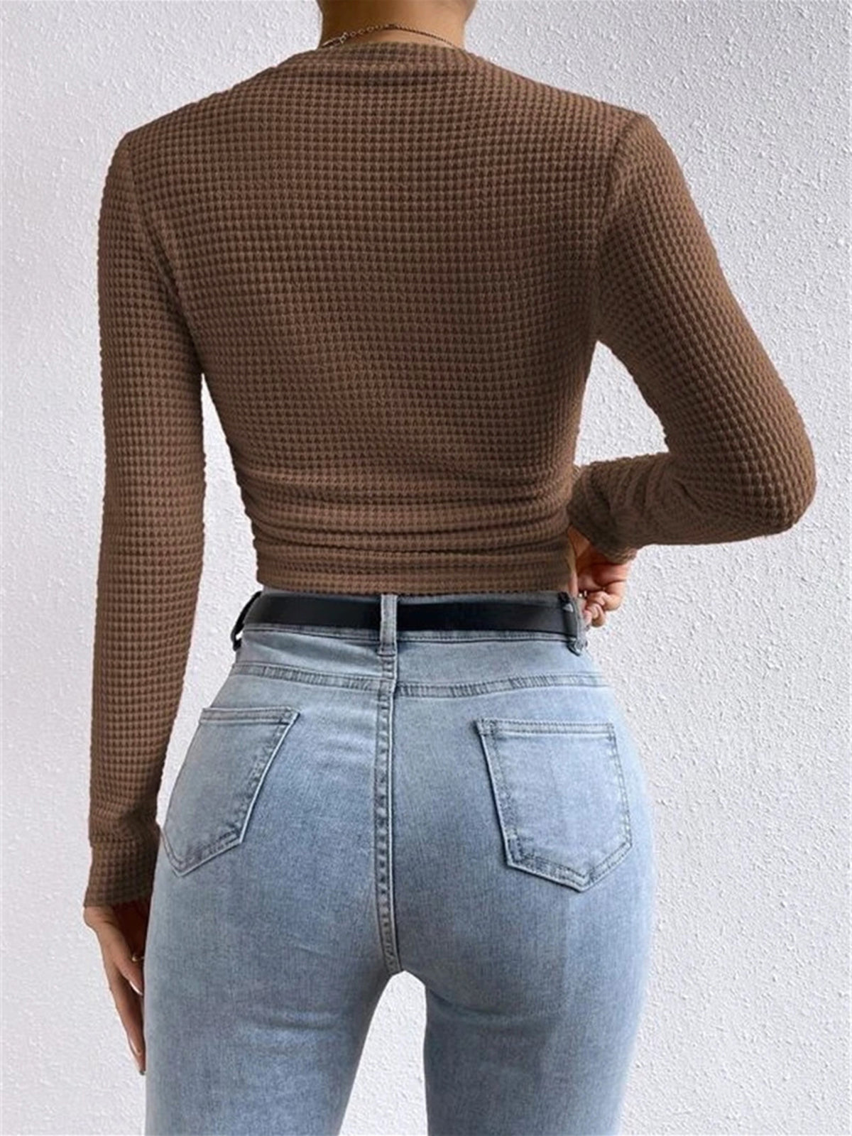 Camiseta de Manga Larga para Mujer con Textura Waffle y Cuello Redondo