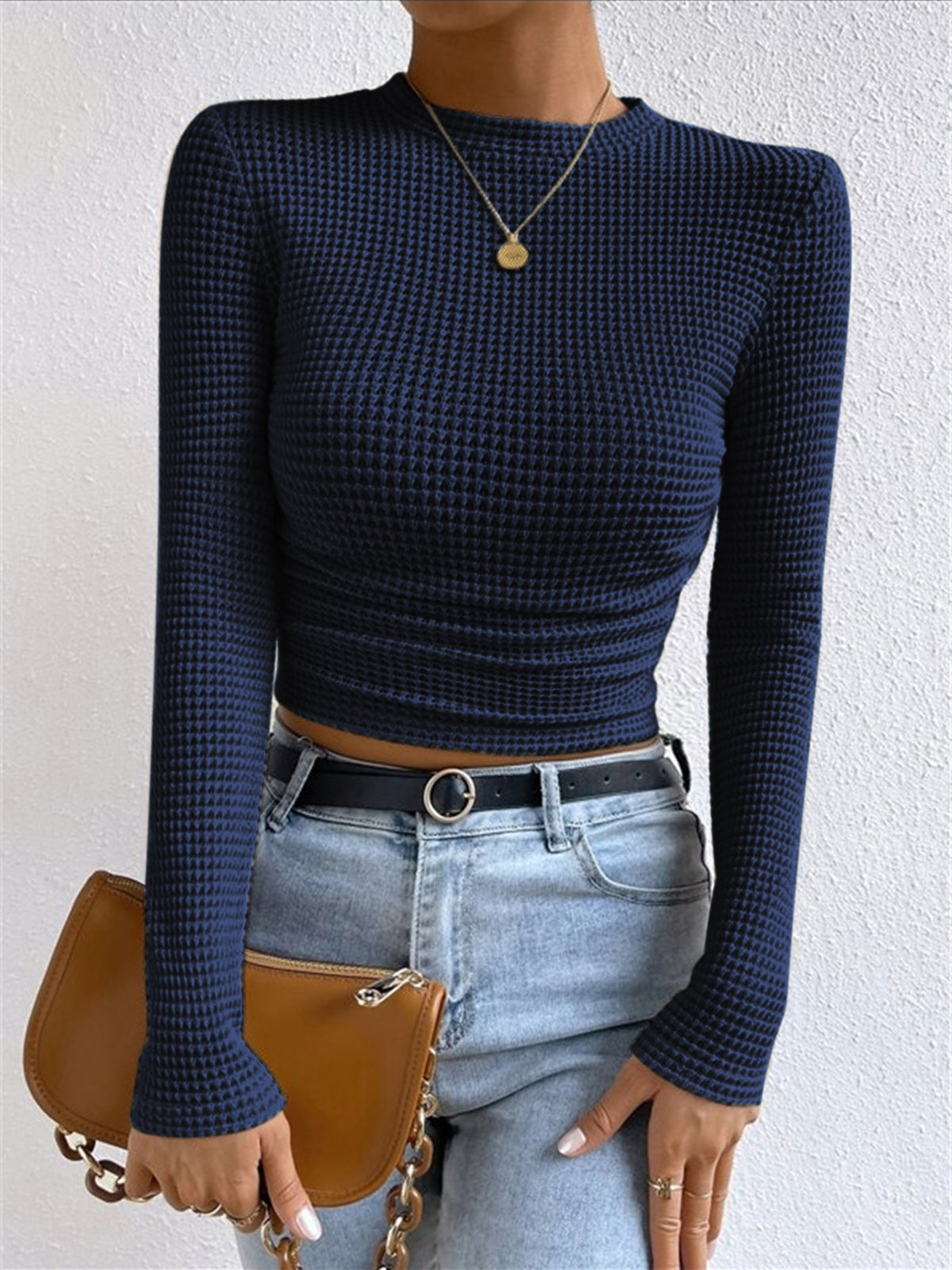 Camiseta de Manga Larga para Mujer con Textura Waffle y Cuello Redondo