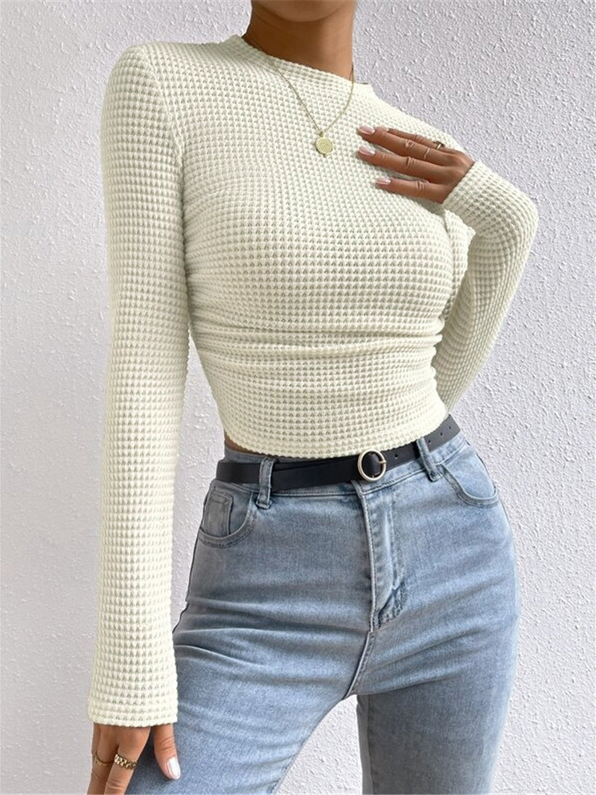 Camiseta de Manga Larga para Mujer con Textura Waffle y Cuello Redondo