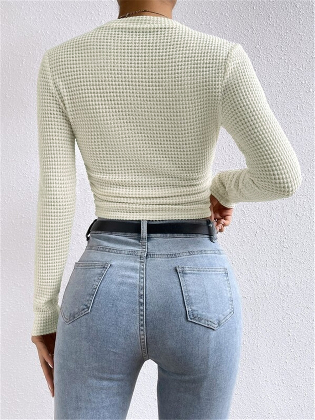 Camiseta de Manga Larga para Mujer con Textura Waffle y Cuello Redondo