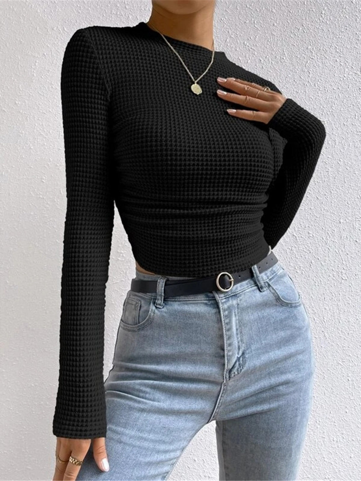 Camiseta de Manga Larga para Mujer con Textura Waffle y Cuello Redondo