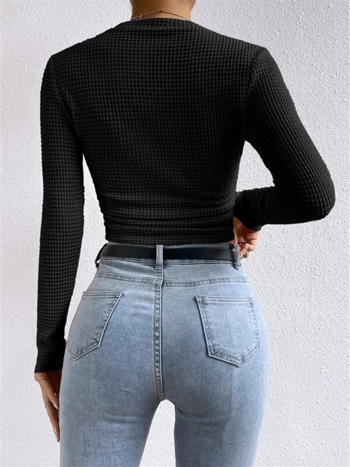 Camiseta de Manga Larga para Mujer con Textura Waffle y Cuello Redondo