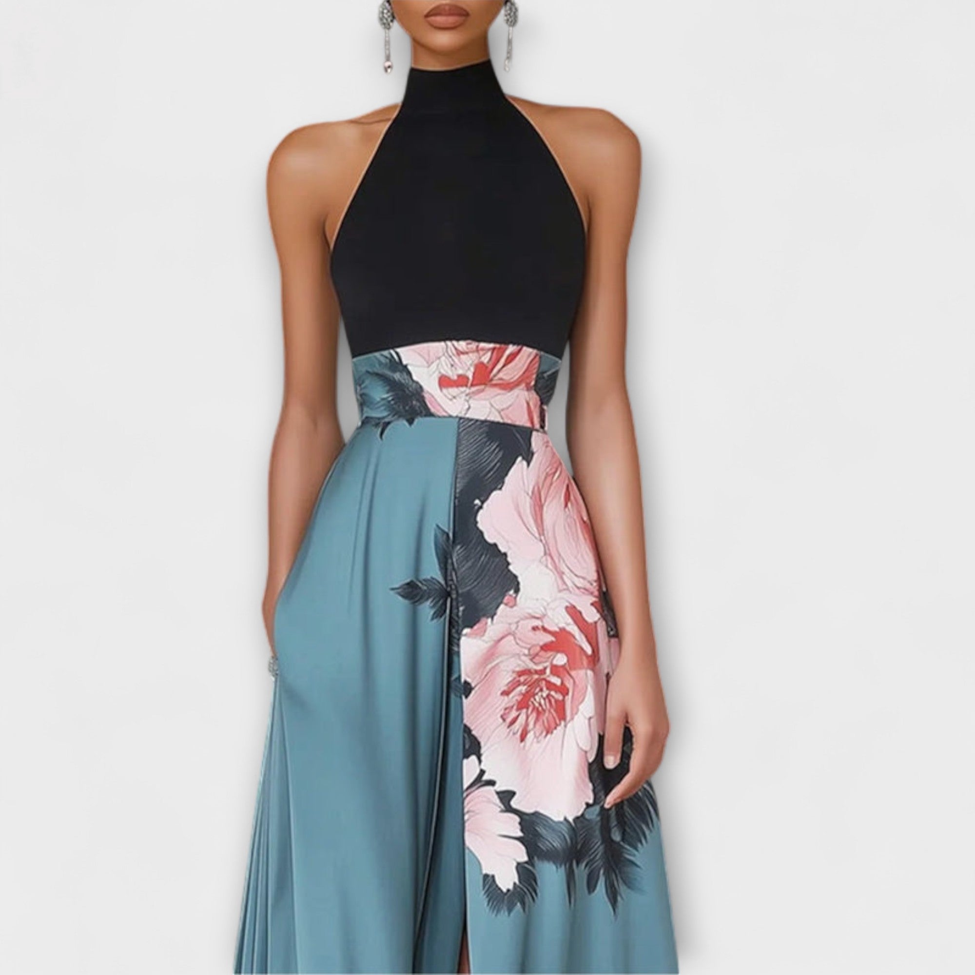 Vestido Largo de Gala con Cuello Alto y Falda de Corte A con Estampado de Flores