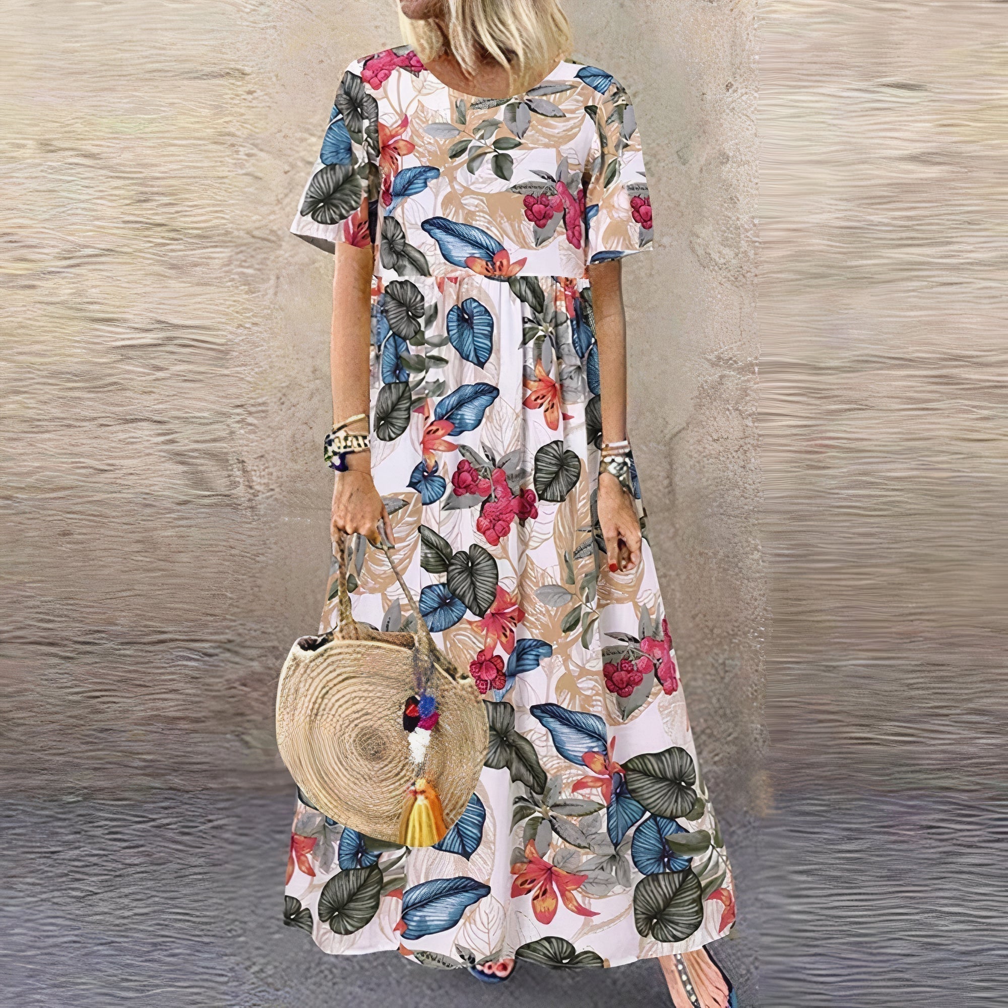 Vestido Largo de Cuello Redondo con Estampado Floral Vibrante para Mujer