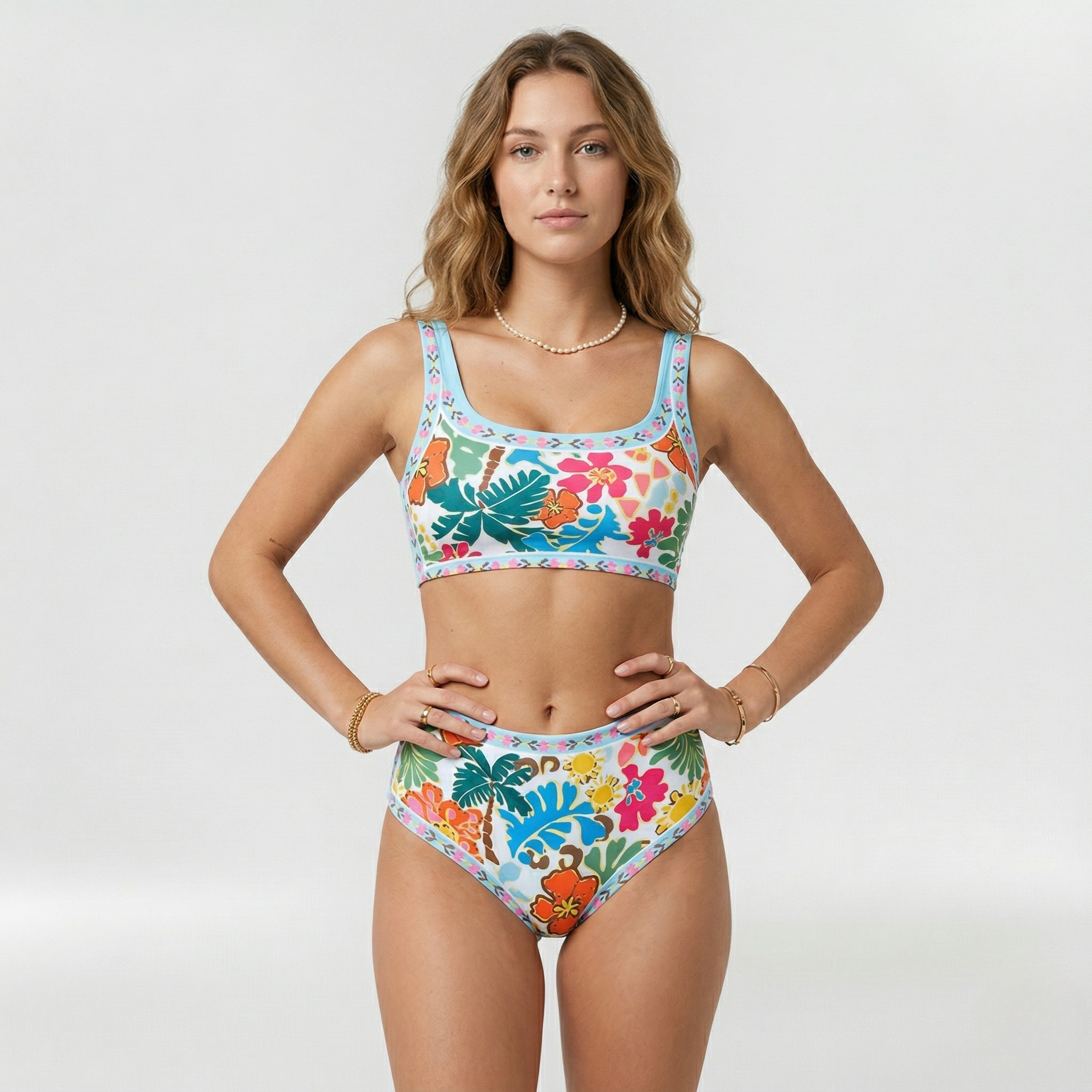 Bañador de Dos Piezas de Talle Alto con Estampado de Flores y Escote Cuadrado