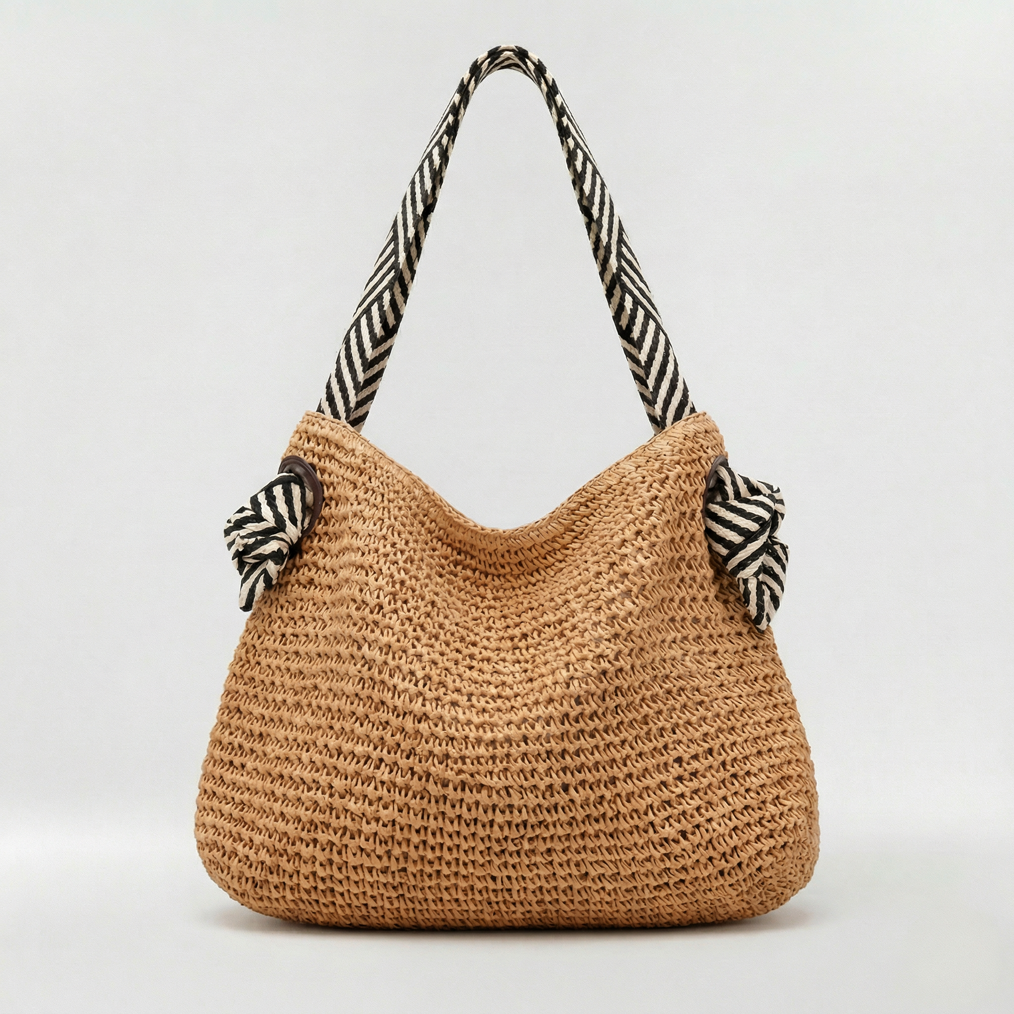 Bolso de Mano de Paja Entretejida con Asas de Hombro y Adornos de Nudos