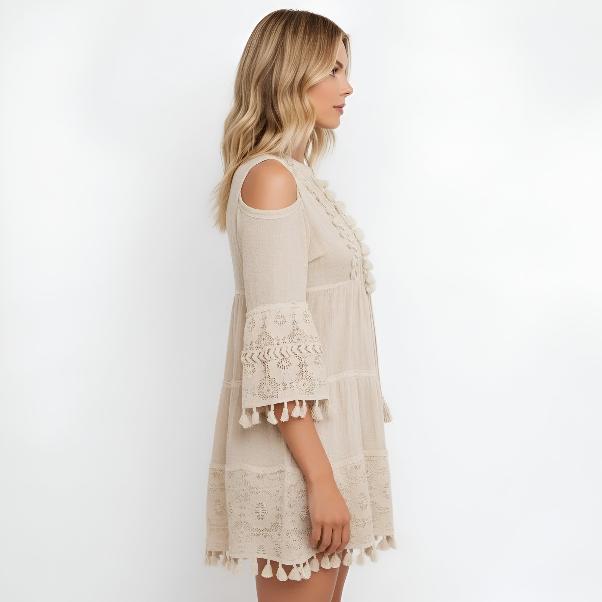 Vestido Corto Boho de Mujer con Bordado de Algodón y Detalles de Borlas