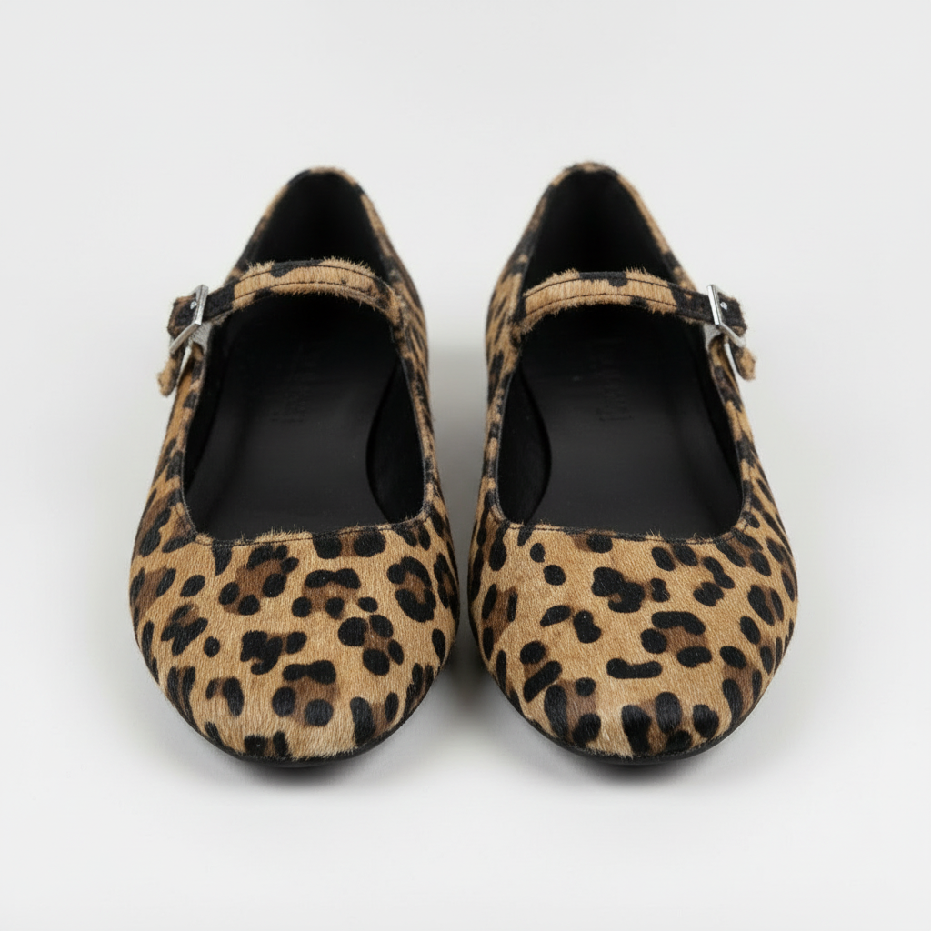 Women's Mary Jane Flats with Leopard Print and Adjustable Strap