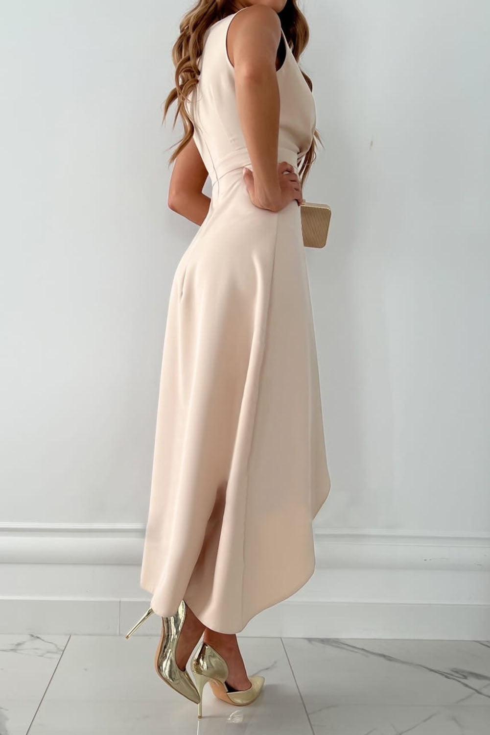 Vestido Largo sin Mangas con Cuello en V y Cinturón de Poliéster para Mujer