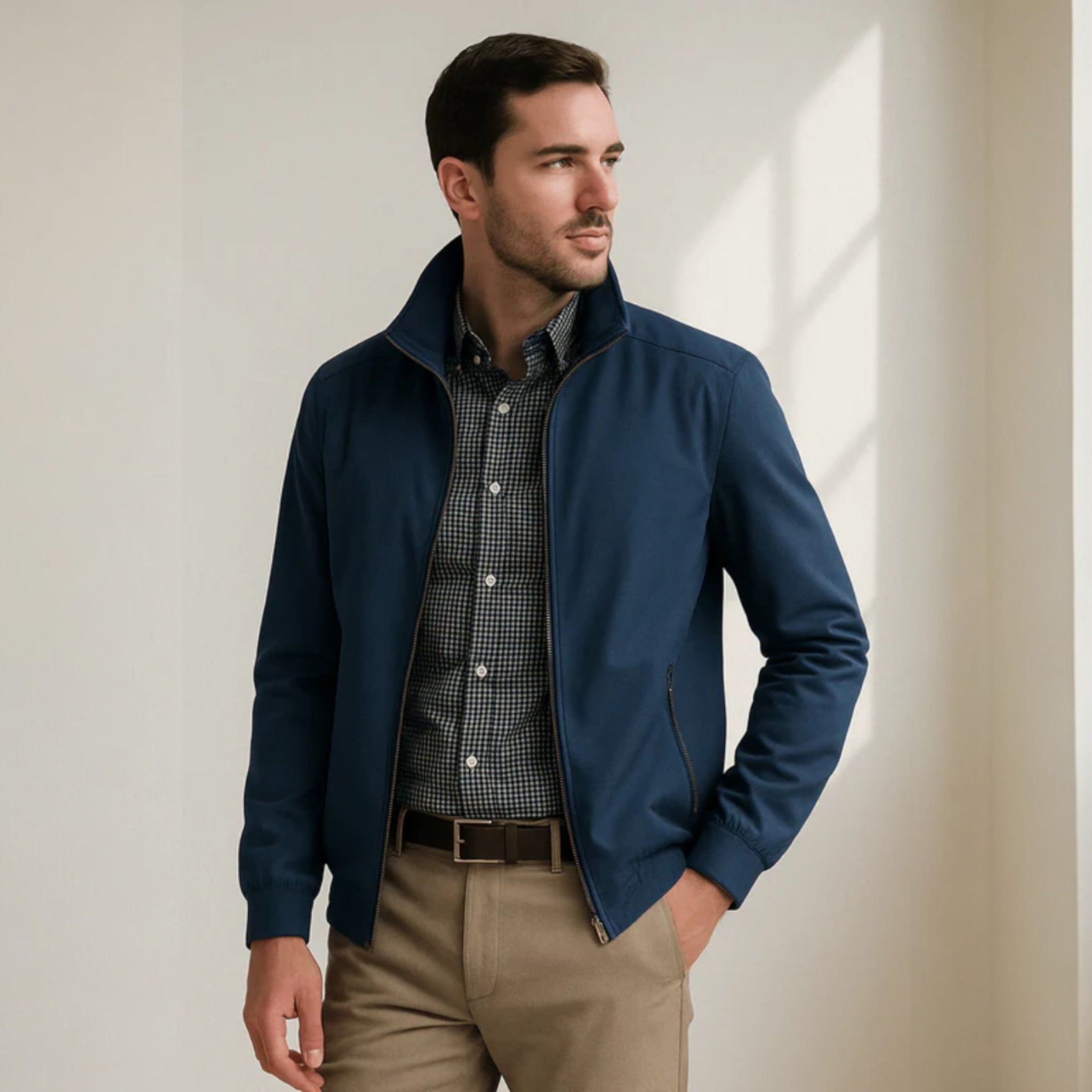 Chaqueta Bomber Ligera para Hombre con Cierre de Cremallera y Cuello Alto