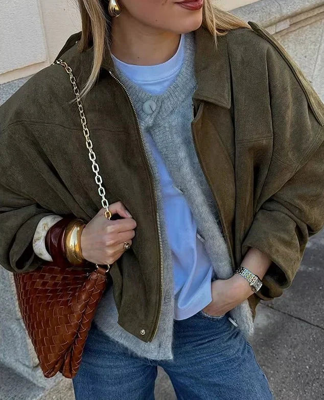 Chaqueta Bomber de Ante para Mujer Estilo Oversize con Cierre de Cremallera