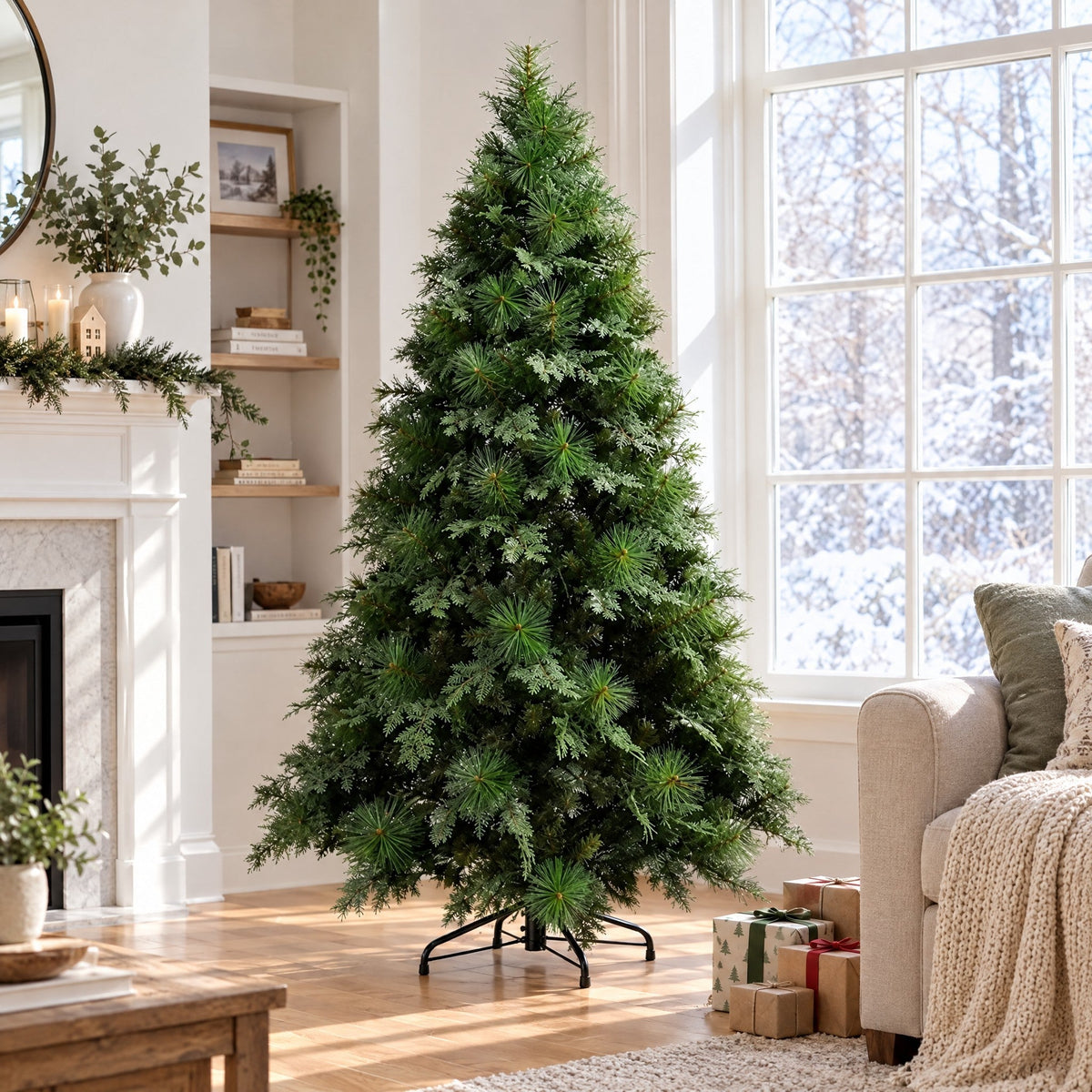 Albero artificiale preilluminato con luci LED calde e supporto metallico pieghevole