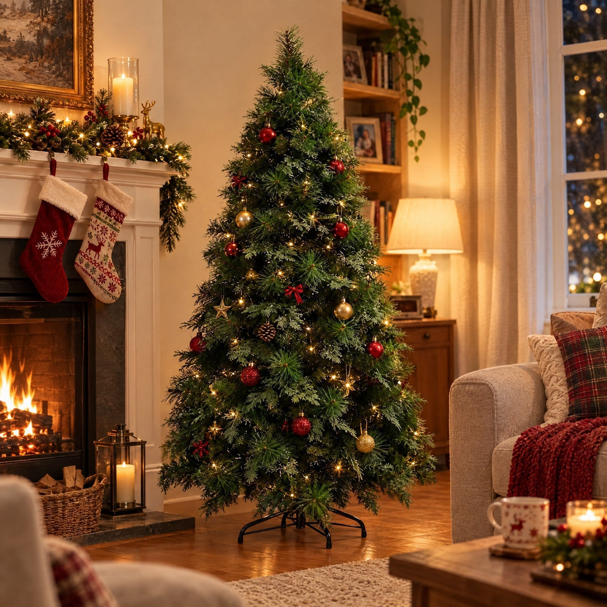 Albero artificiale preilluminato con luci LED calde e supporto metallico pieghevole