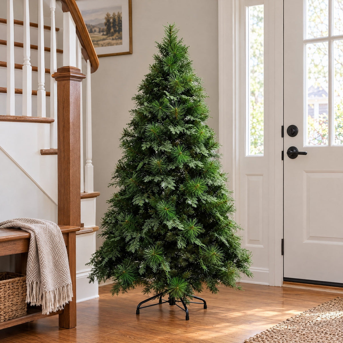 Albero artificiale preilluminato con luci LED calde e supporto metallico pieghevole