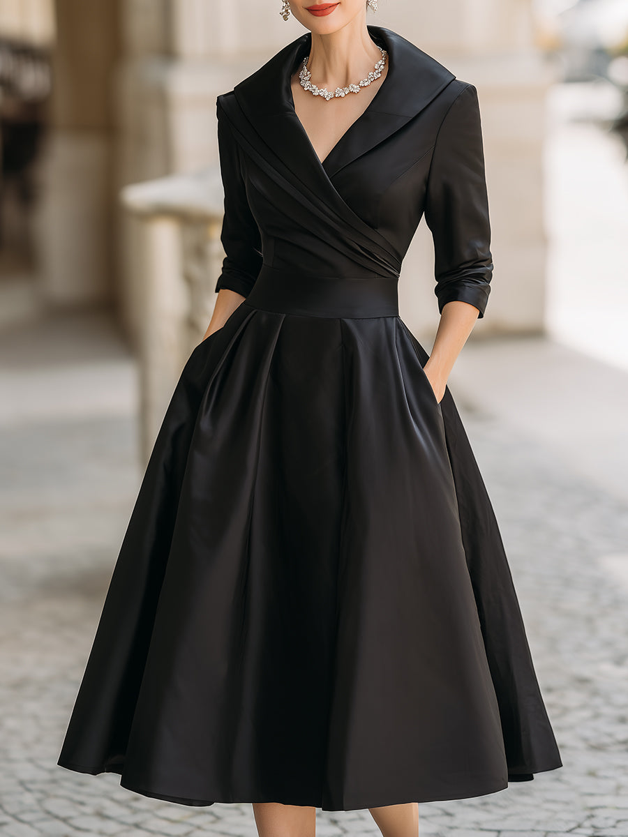 Vestido Largo de Poliéster con Cuello de Solapa y Cintura Cruzada para Mujer