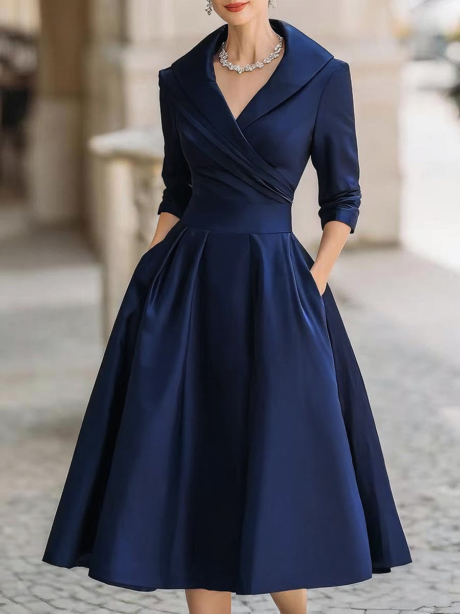 Vestido Largo de Poliéster con Cuello de Solapa y Cintura Cruzada para Mujer