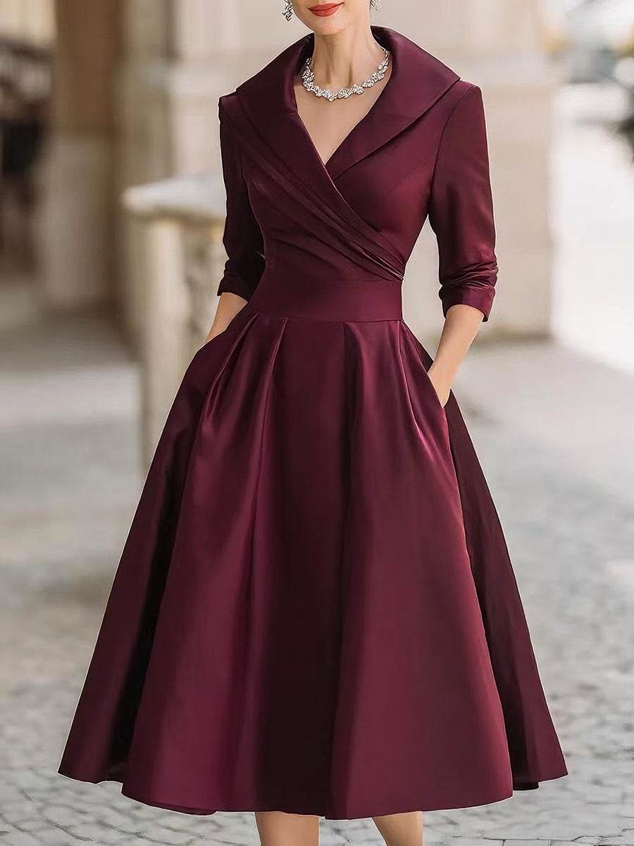 Vestido Largo de Poliéster con Cuello de Solapa y Cintura Cruzada para Mujer
